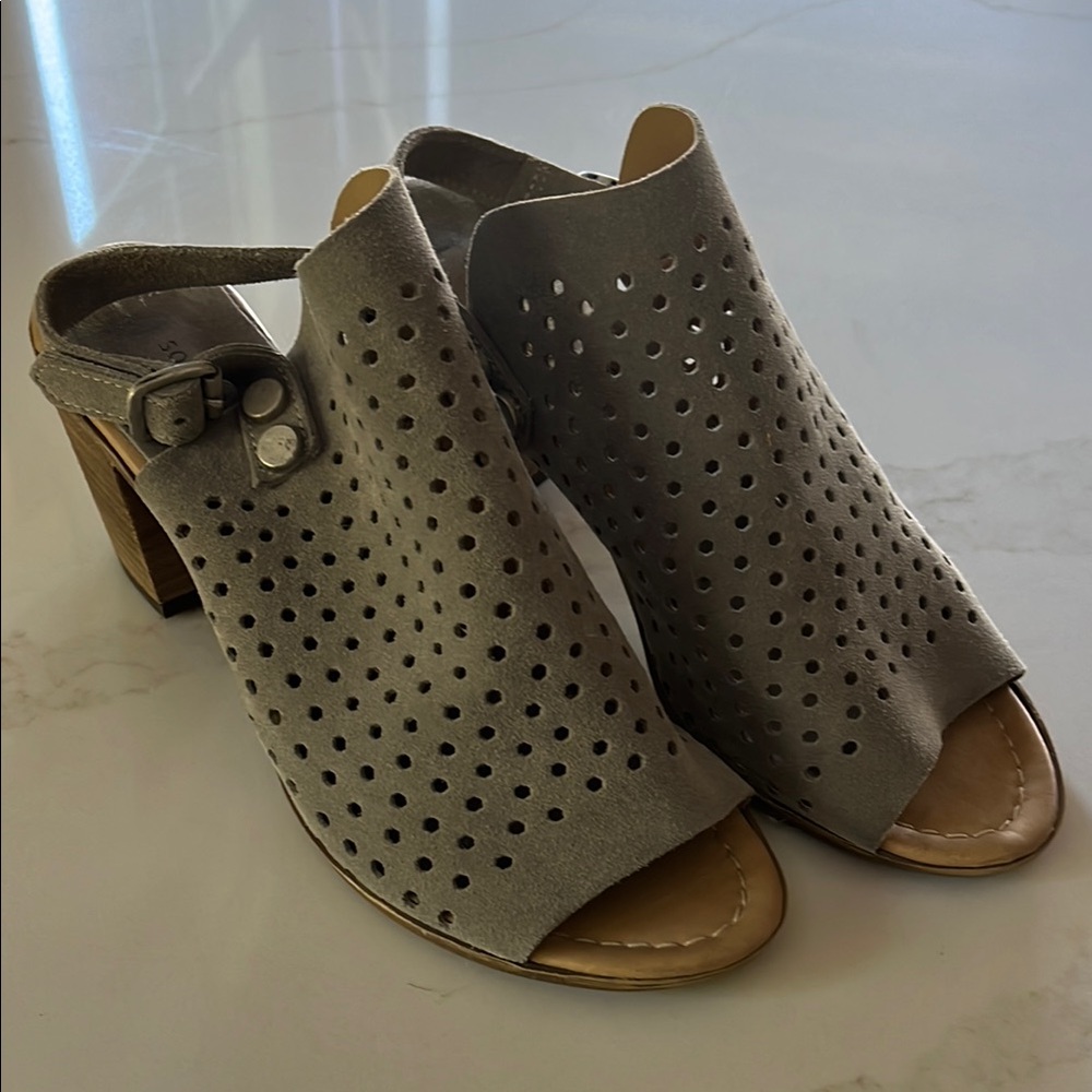 Gray Block Heel Mules with Perforated Design
